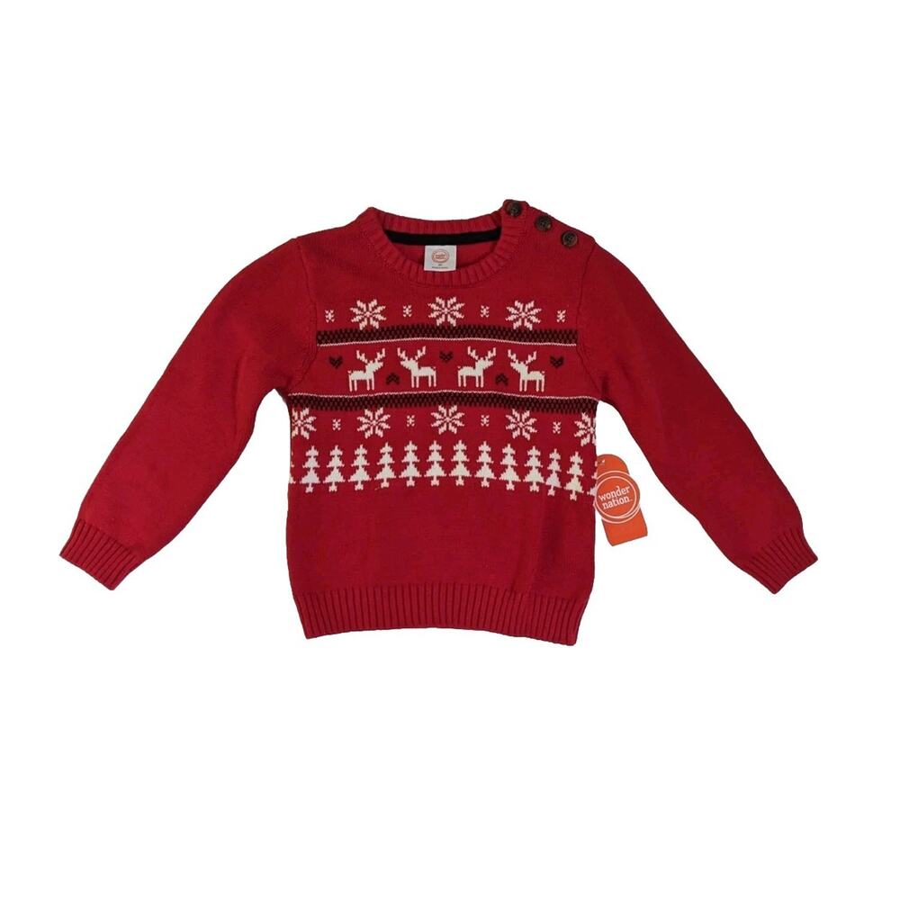 Wonder Nation Toddler Red Reindeer Snowflake Christmas Tree Holiday Sweater 3T